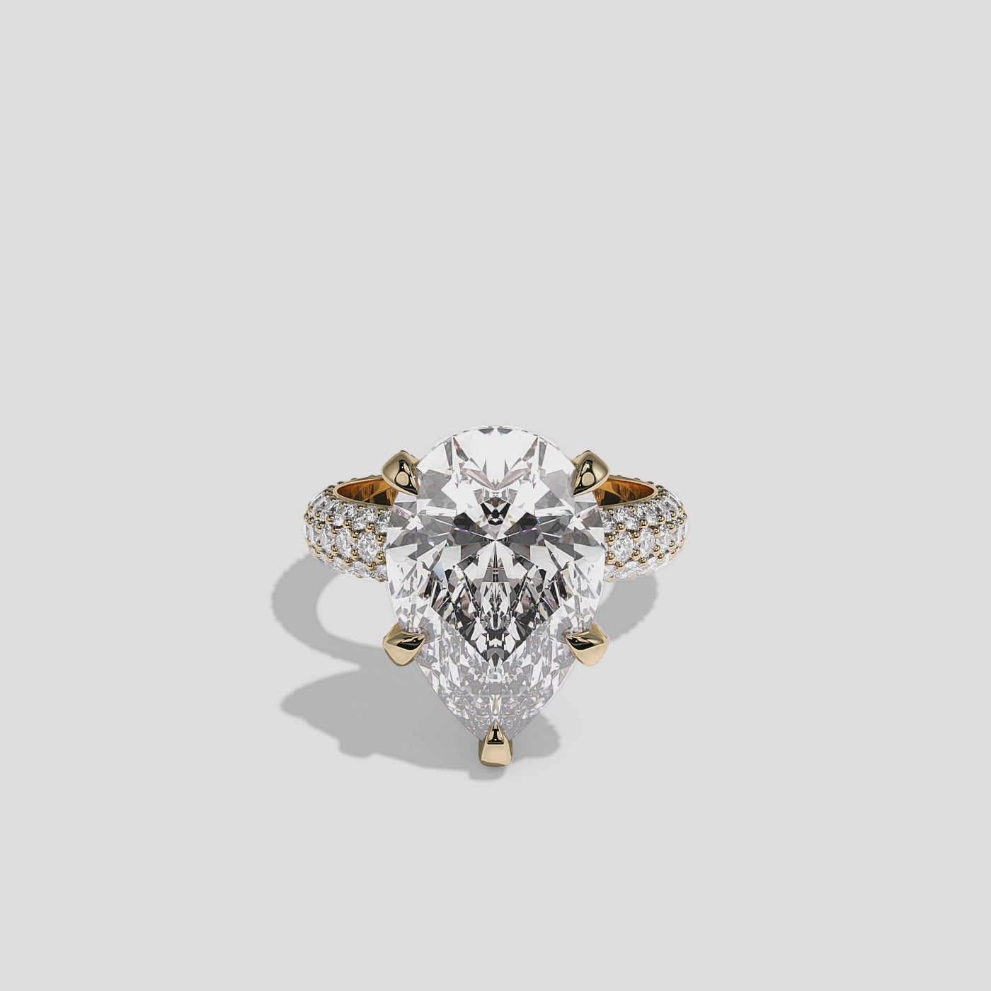 Shira Fairmont 10.00ct diamond pear halo engagement ring in 18K yellow gold by Kurbãni Durjini, 360-degree view