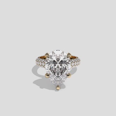 Shira Fairmont 10.00ct diamond pear halo engagement ring in 18K yellow gold by Kurbãni Durjini, 360-degree view