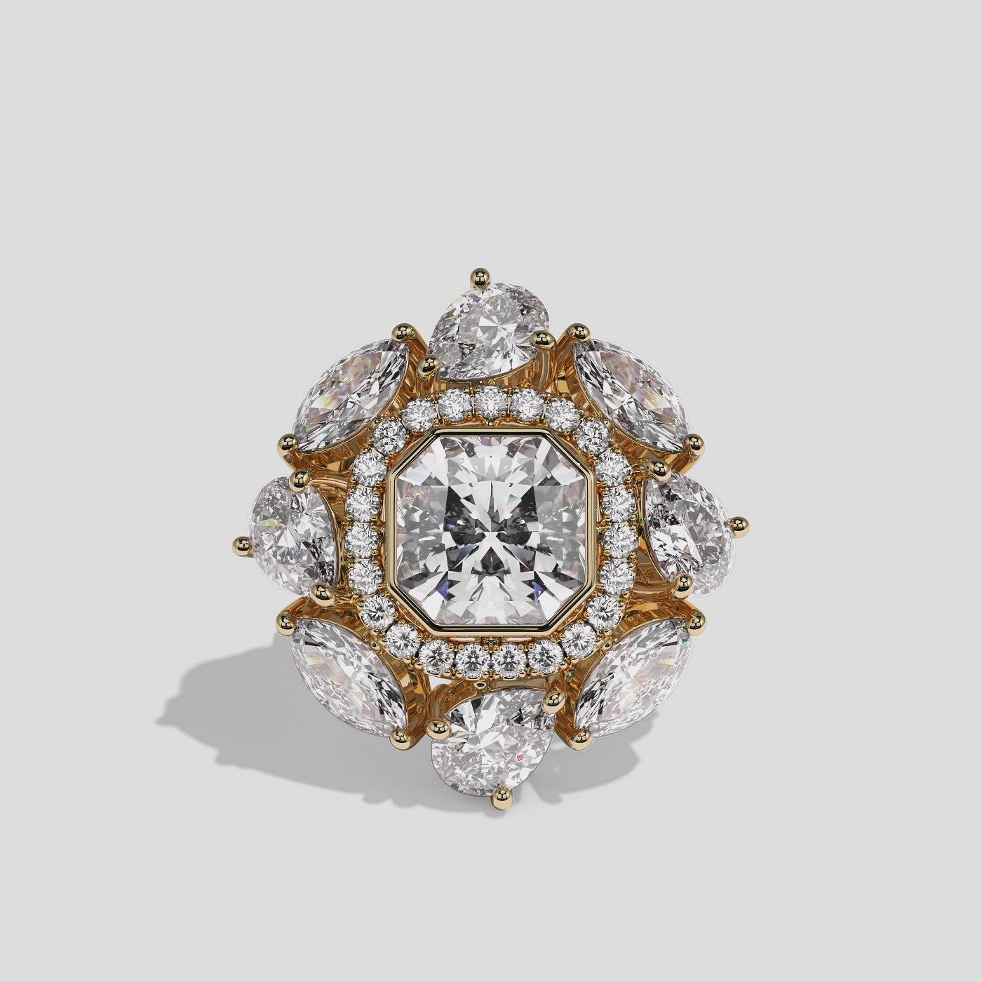 Harriet Marchioness custom cut diamond engagement ring in 18K yellow gold by Kurbãni Durjini, 360-degree view