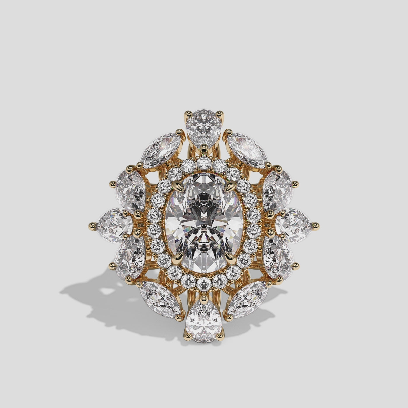 Adelaide Sovereign oval halo diamond engagement ring in 18K yellow gold by Kurbãni Durjini, 360-degree view