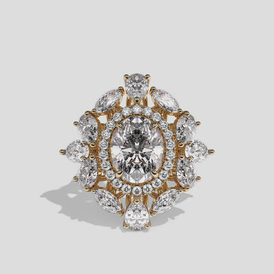 Adelaide Sovereign oval halo diamond engagement ring in 18K yellow gold by Kurbãni Durjini, 360-degree view