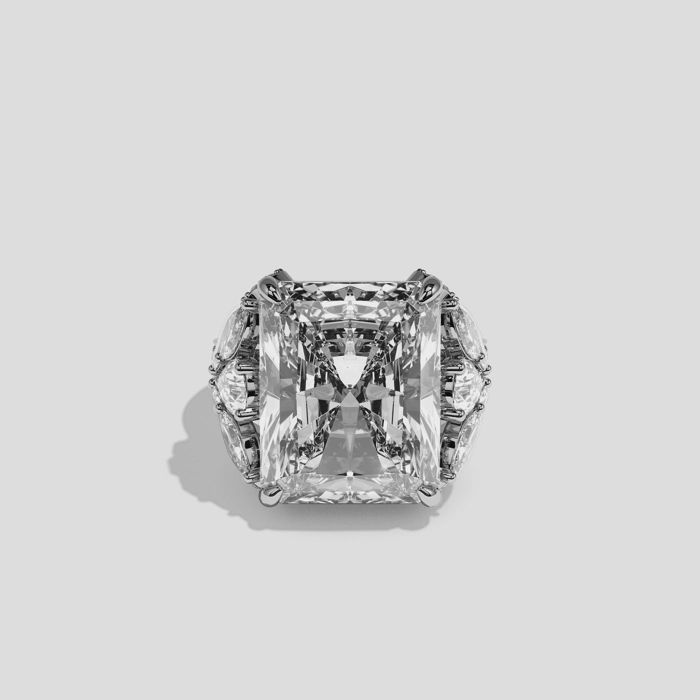 Keren diamond radiant halo engagement ring in 18K white gold by Kurbãni Durjini, 360-degree view