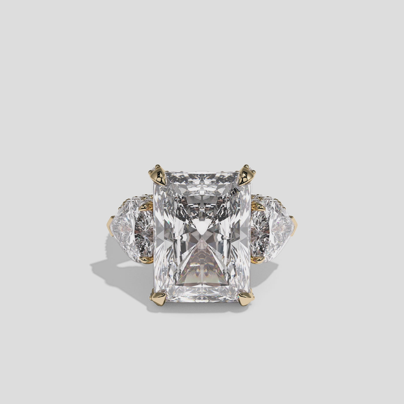 Chaya Lady Ravenscroft diamond radiant halo engagement ring in 18K yellow gold by Kurbãni Durjini, 360-degree view