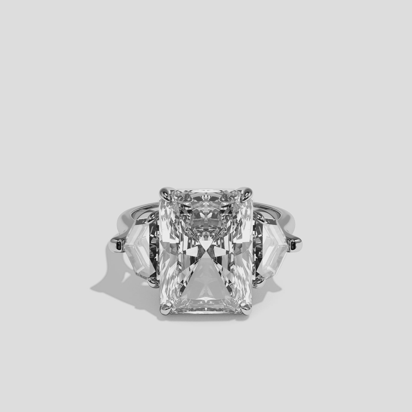 Philippa Rose diamond radiant engagement ring in 18K white gold by Kurbãni Durjini, 360-degree view