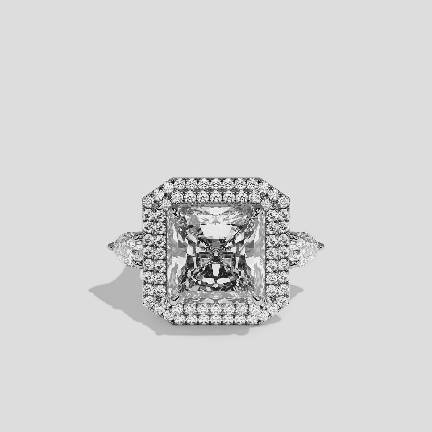 Helena Rosalind diamond radiant engagement ring in 18K white gold by Kurbãni Durjini, 360-degree view