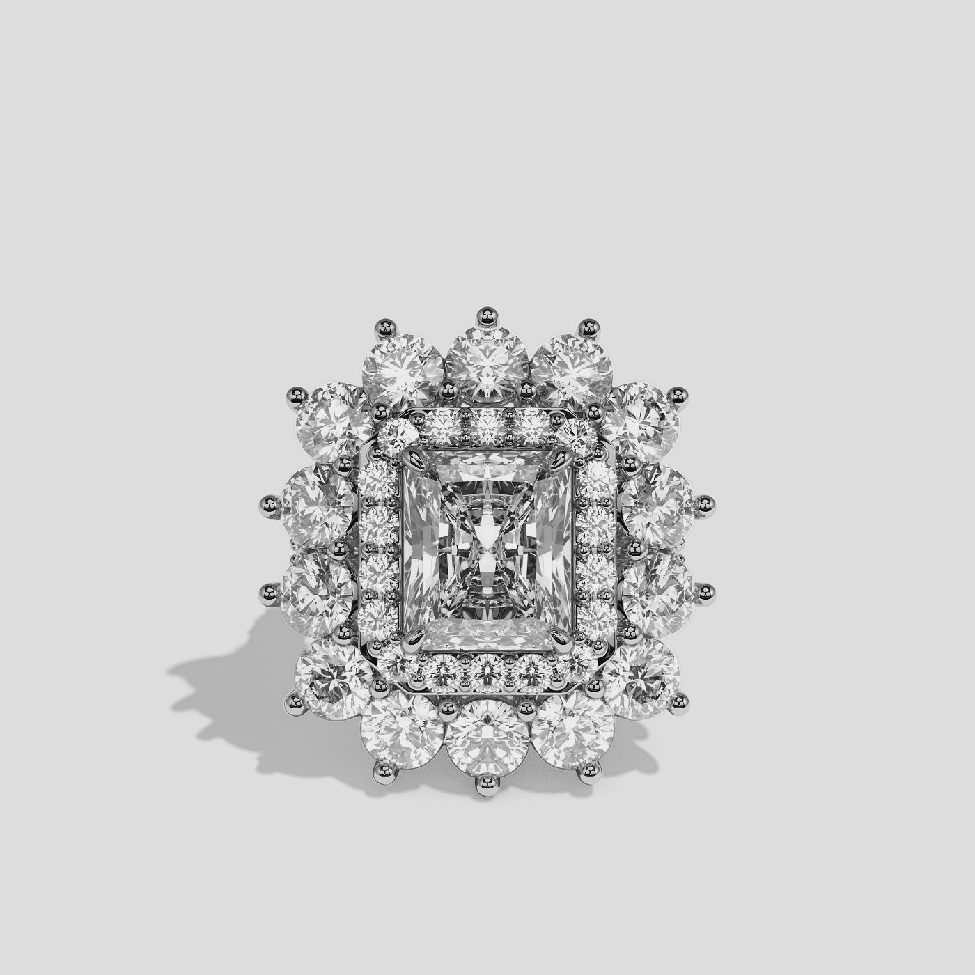Matilda Etoile radiant diamond engagement ring in 18K white gold by Kurbãni Durjini, 360-degree view