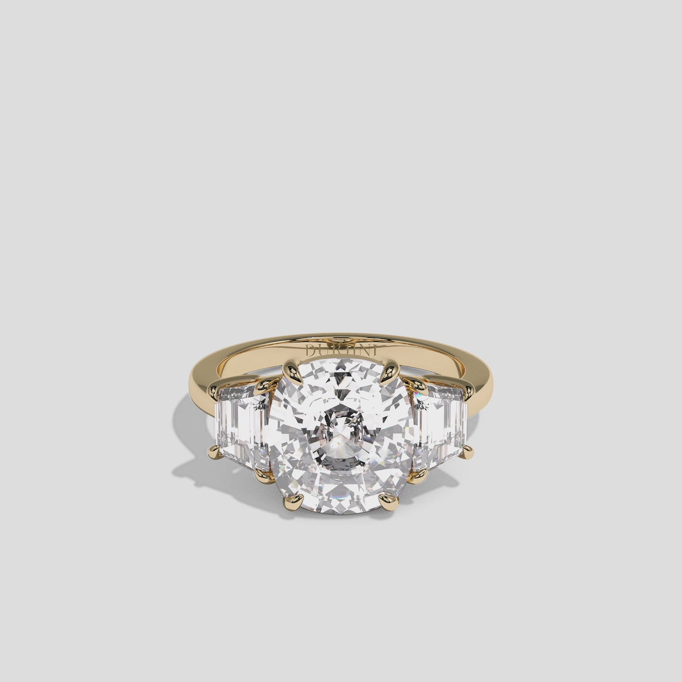 Matilda Lady Seraphine diamond cushion engagement ring in 18K yellow gold by Kurbãni Durjini, 360-degree view