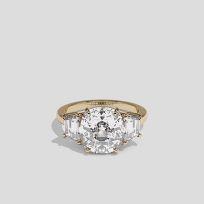Matilda Lady Seraphine diamond cushion engagement ring in 18K yellow gold by Kurbãni Durjini, 360-degree view