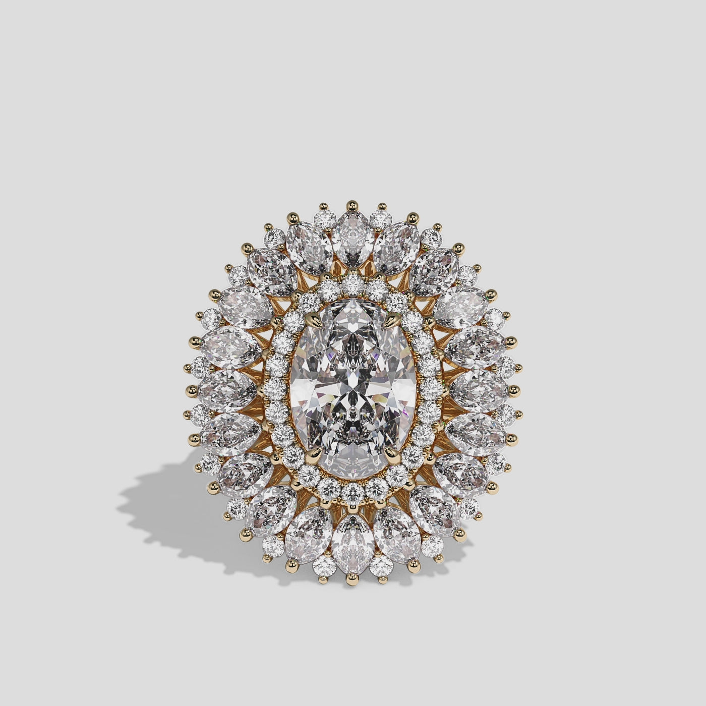 Florence Royale oval brilliant halo diamond engagement ring in 18K yellow gold by Kurbãni Durjini, 360-degree view