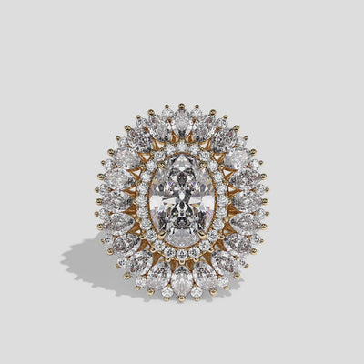 Florence Royale oval brilliant halo diamond engagement ring in 18K yellow gold by Kurbãni Durjini, 360-degree view