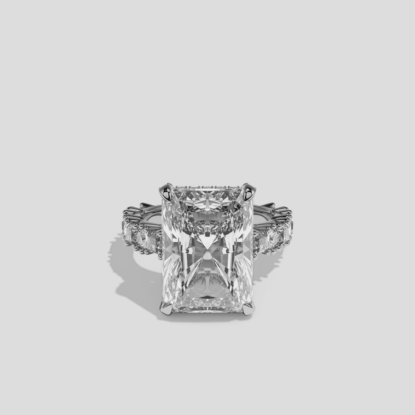 Ruth diamond radiant halo engagement ring in 18K white gold by Kurbãni Durjini, 360-degree view