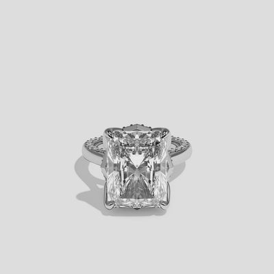 Elisheva diamond radiant halo engagement ring in 18K white gold by Kurbãni Durjini, 360-degree view