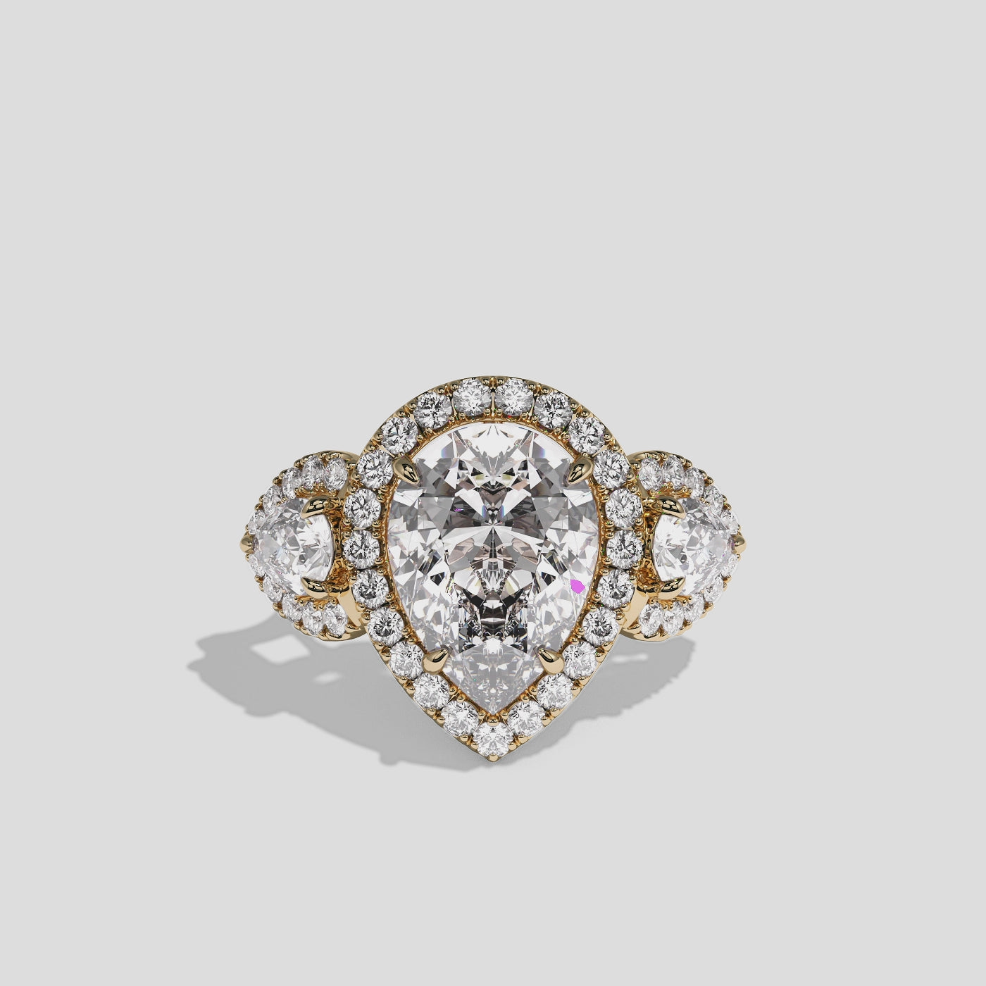 Dorothea Duchess diamond pear halo engagement ring in 18K yellow gold by Kurbãni Durjini, 360-degree view