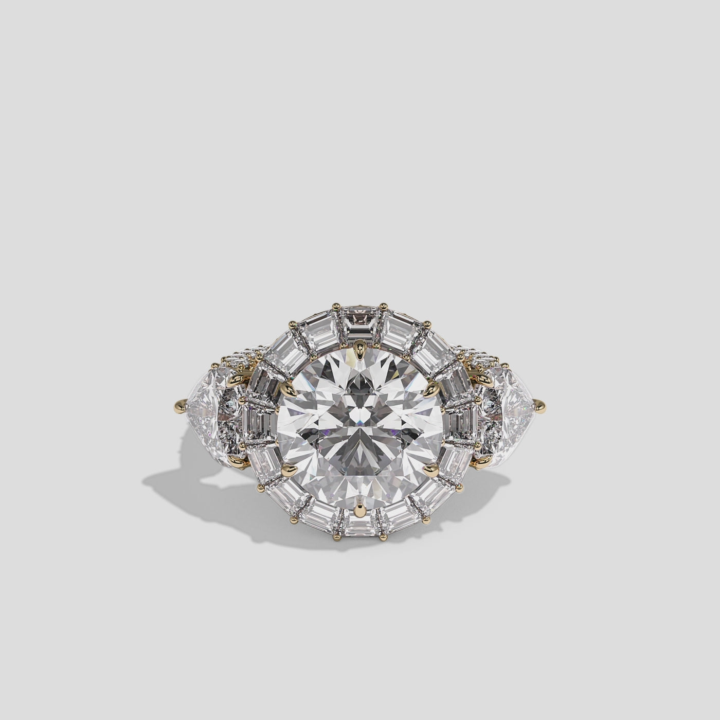 Shira Ravenscourt 15.00ct diamond round brilliant halo engagement ring in 18K yellow gold by Kurbãni Durjini, 360-degree view