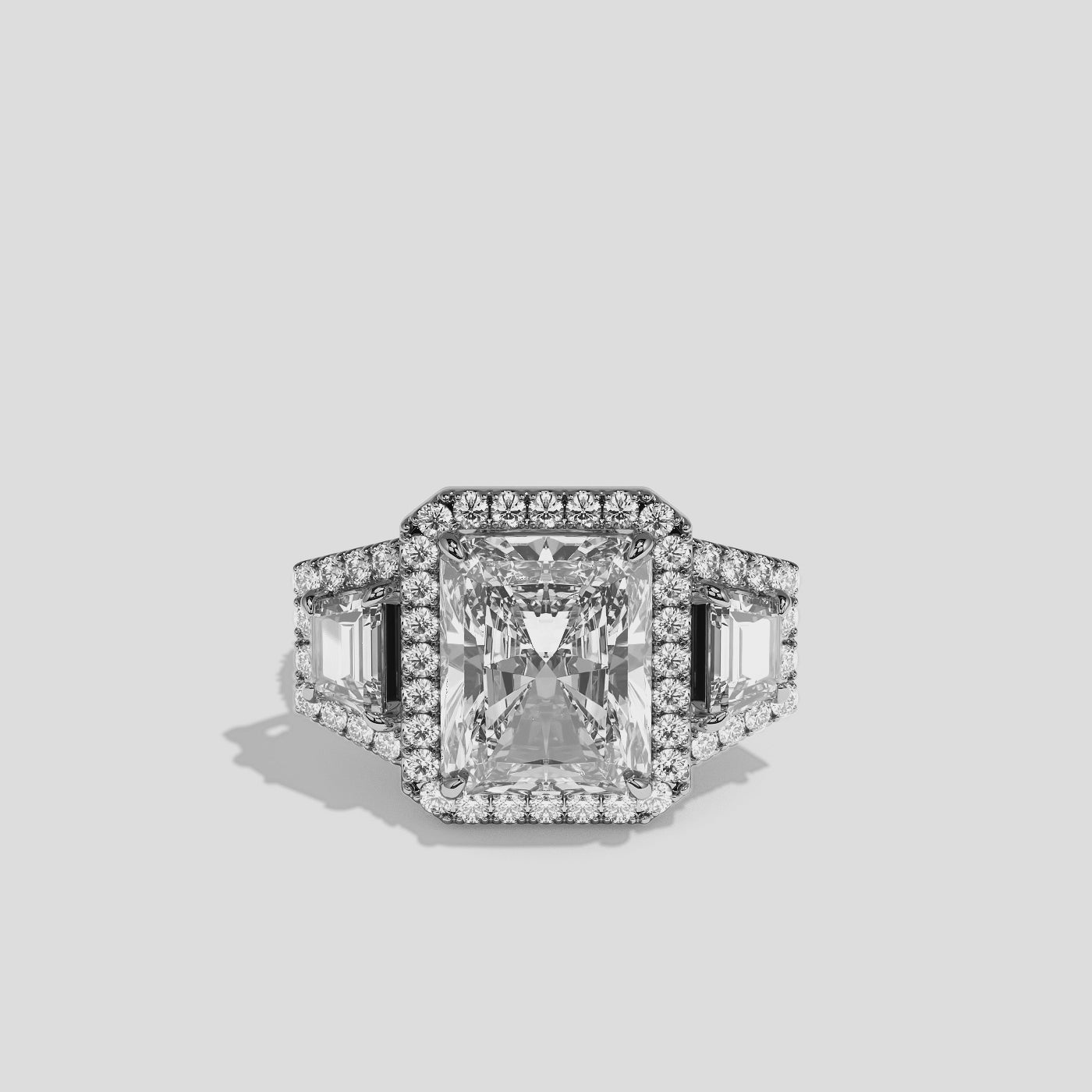 Bryony Everild diamond radiant halo engagement ring in 18K white gold by Kurbãni Durjini, 360-degree view