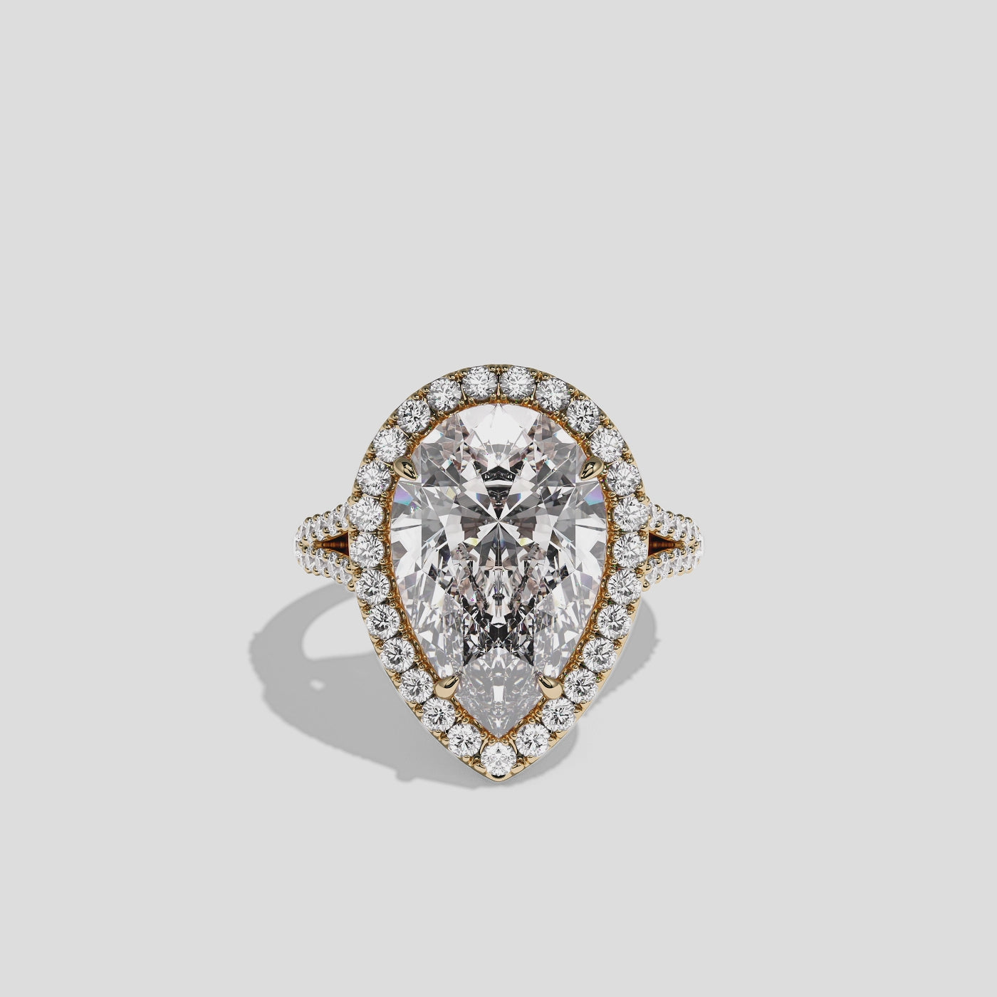 Helena Viscountess diamond pear halo engagement ring in 18K yellow gold by Kurbãni Durjini, 360-degree view