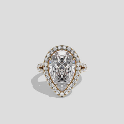 Helena Viscountess diamond pear halo engagement ring in 18K yellow gold by Kurbãni Durjini, 360-degree view