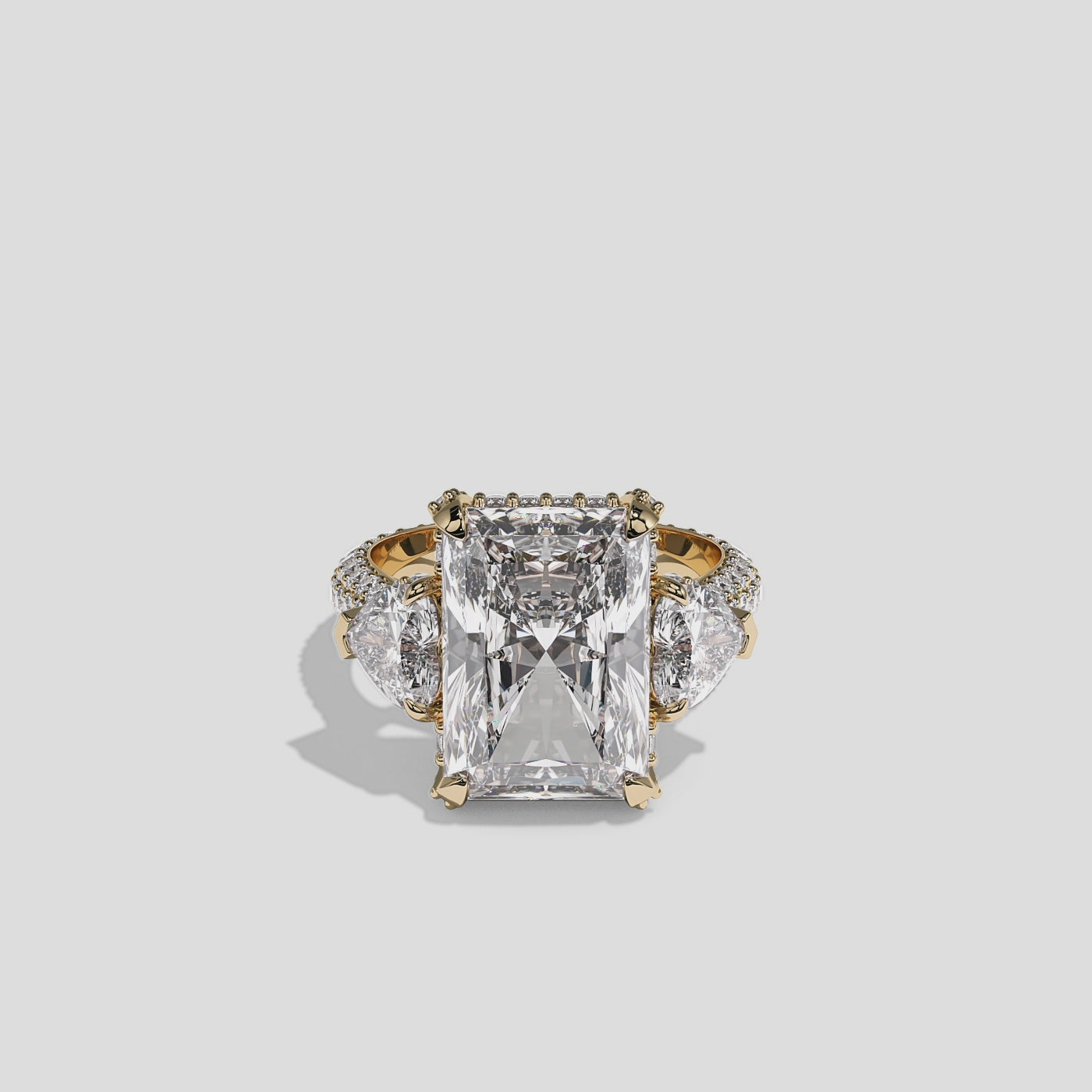 Mira Ellington 12.00ct diamond radiant halo engagement ring in 18K yellow gold by Kurbãni Durjini, 360-degree view