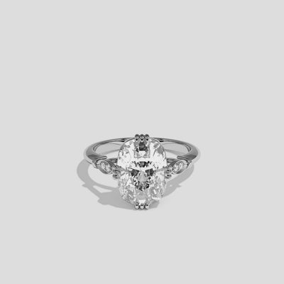 Ayala diamond cushion halo engagement ring in 18K white gold by Kurbãni Durjini, 360-degree view
