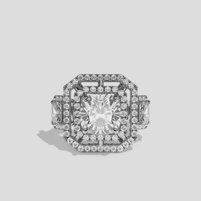 Winifred Aurora diamond cushion halo engagement ring in 18K white gold by Kurbãni Durjini, 360-degree view