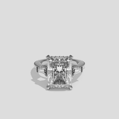 Esther Eclat diamond radiant halo engagement ring in 18K white gold by Kurbãni Durjini, 360-degree view