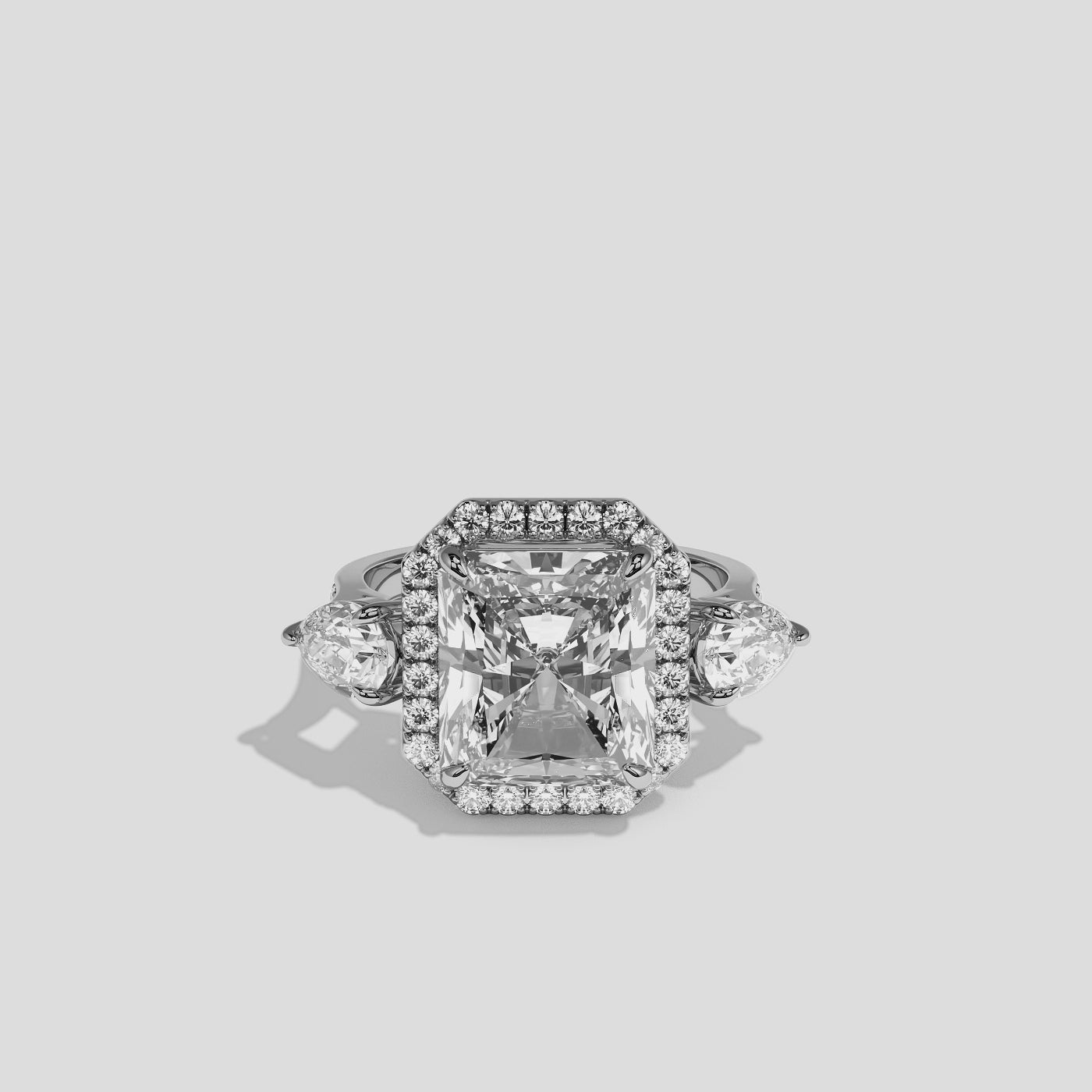 Marian Letitia diamond radiant halo engagement ring in 18K white gold by Kurbãni Durjini, 360-degree view