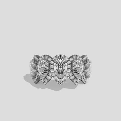 Maud Elan pear halo diamond engagement ring in 18K white gold by Kurbãni Durjini, 360-degree view