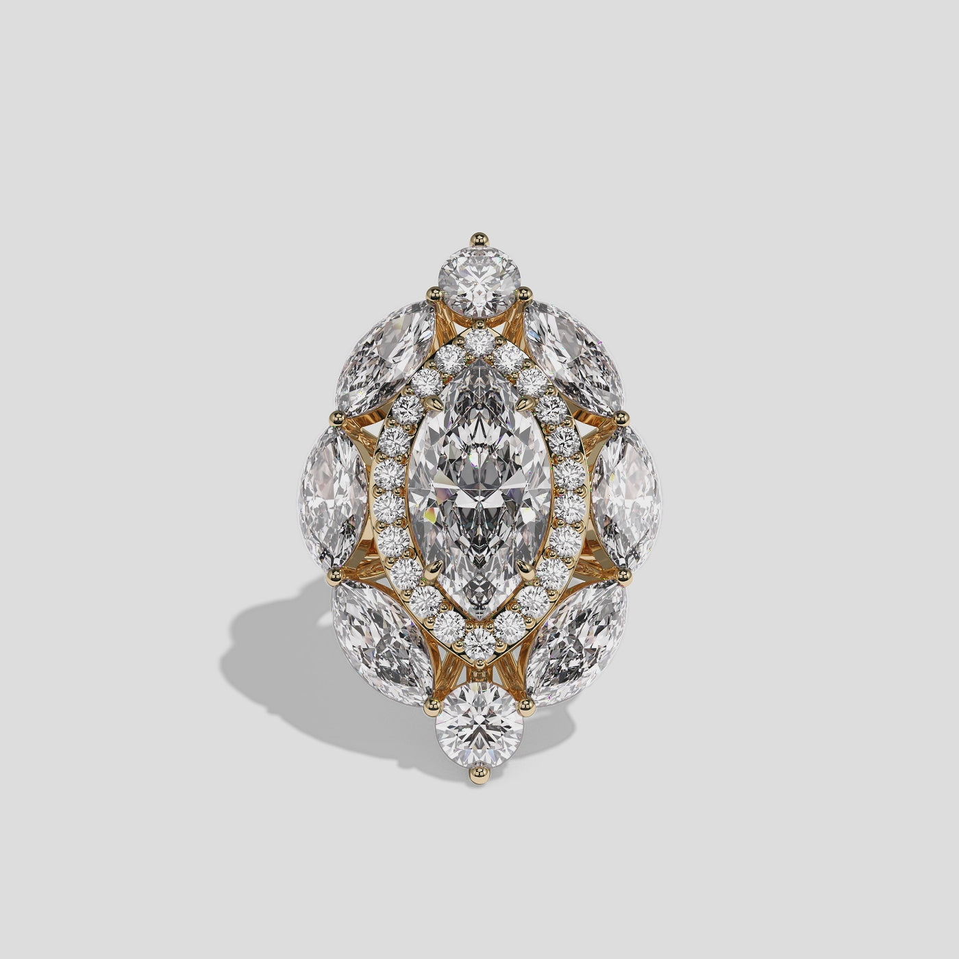 Louisa Sovereign marquise diamond engagement ring in 18K yellow gold by Kurbãni Durjini, 360-degree view