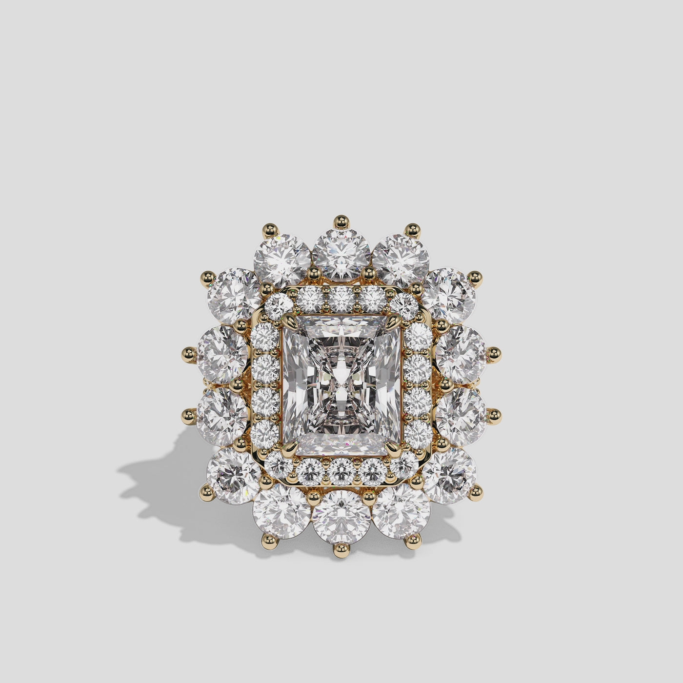 Matilda Empress radiant diamond engagement ring in 18K yellow gold by Kurbãni Durjini, 360-degree view
