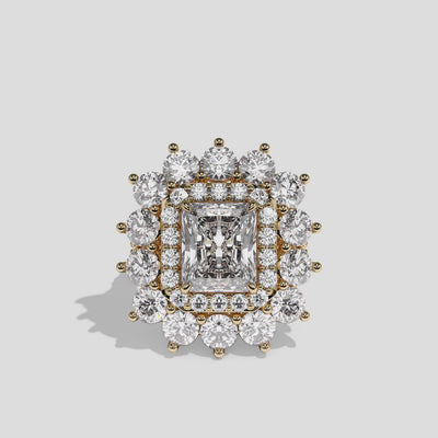 Matilda Empress radiant diamond engagement ring in 18K yellow gold by Kurbãni Durjini, 360-degree view