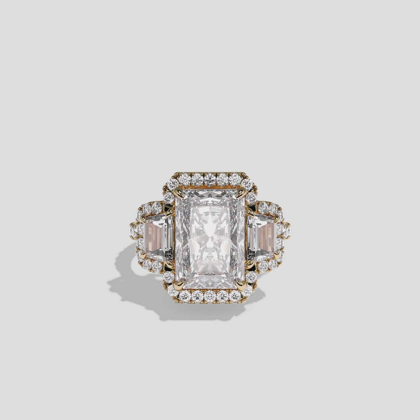 Constance Duchess radiant halo diamond engagement ring in 18K yellow gold by Kurbãni Durjini, 360-degree view