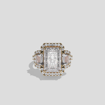 Constance Duchess radiant halo diamond engagement ring in 18K yellow gold by Kurbãni Durjini, 360-degree view