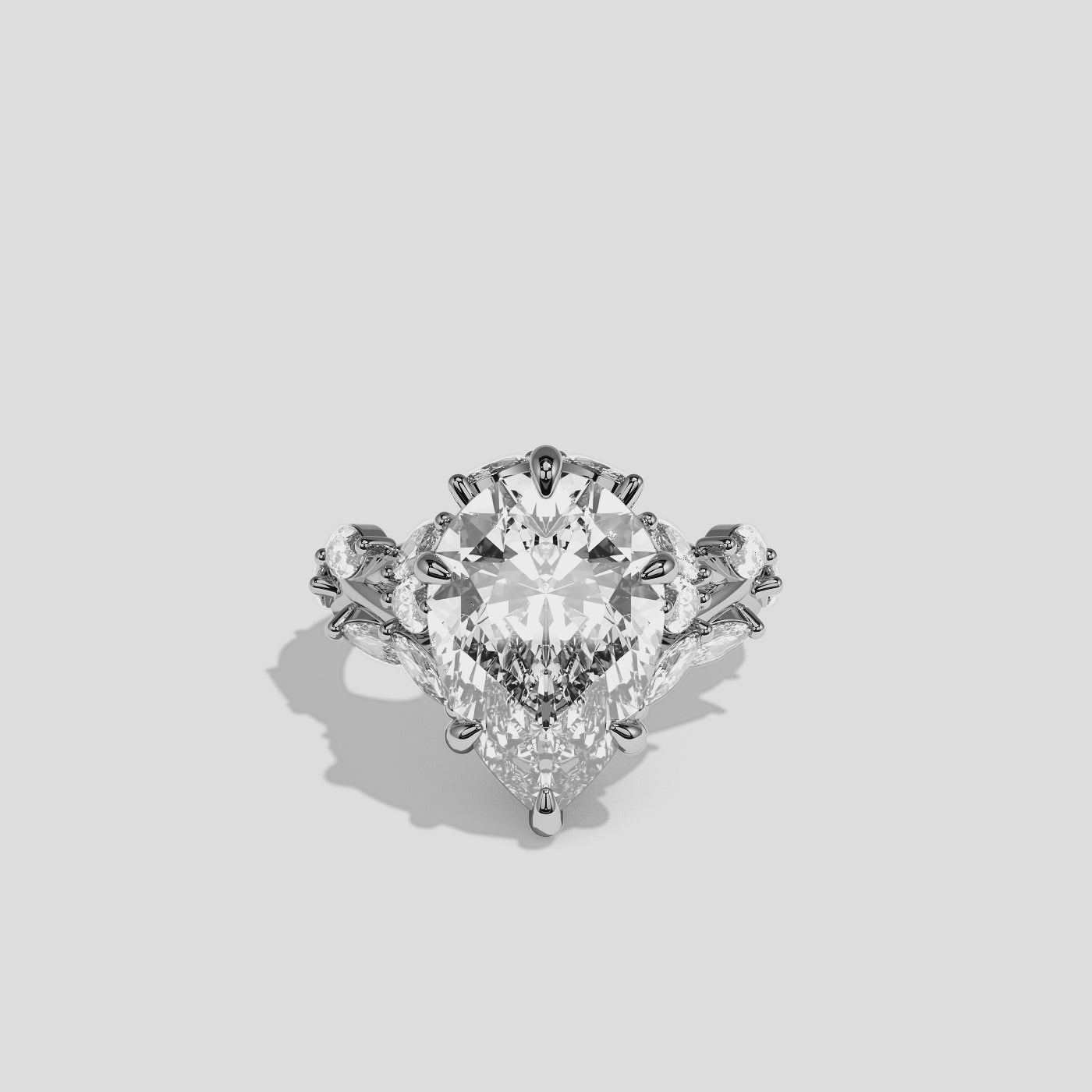 Talia diamond pear engagement ring in 18K white gold by Kurbãni Durjini, 360-degree view
