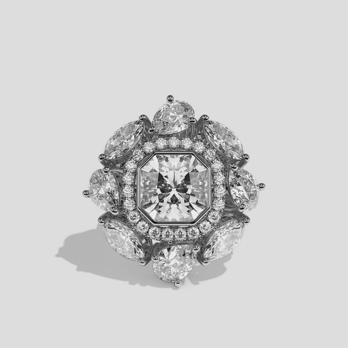 Harriet Elan custom cut diamond engagement ring in 18K white gold by Kurbãni Durjini, 360-degree view