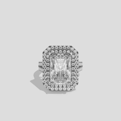 Cecilia Eleanor diamond radiant halo engagement ring in 18K white gold by Kurbãni Durjini, 360-degree view