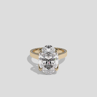 Shira Ravenscourt 10.00ct diamond oval halo engagement ring in 18K yellow gold by Kurbãni Durjini, 360-degree view